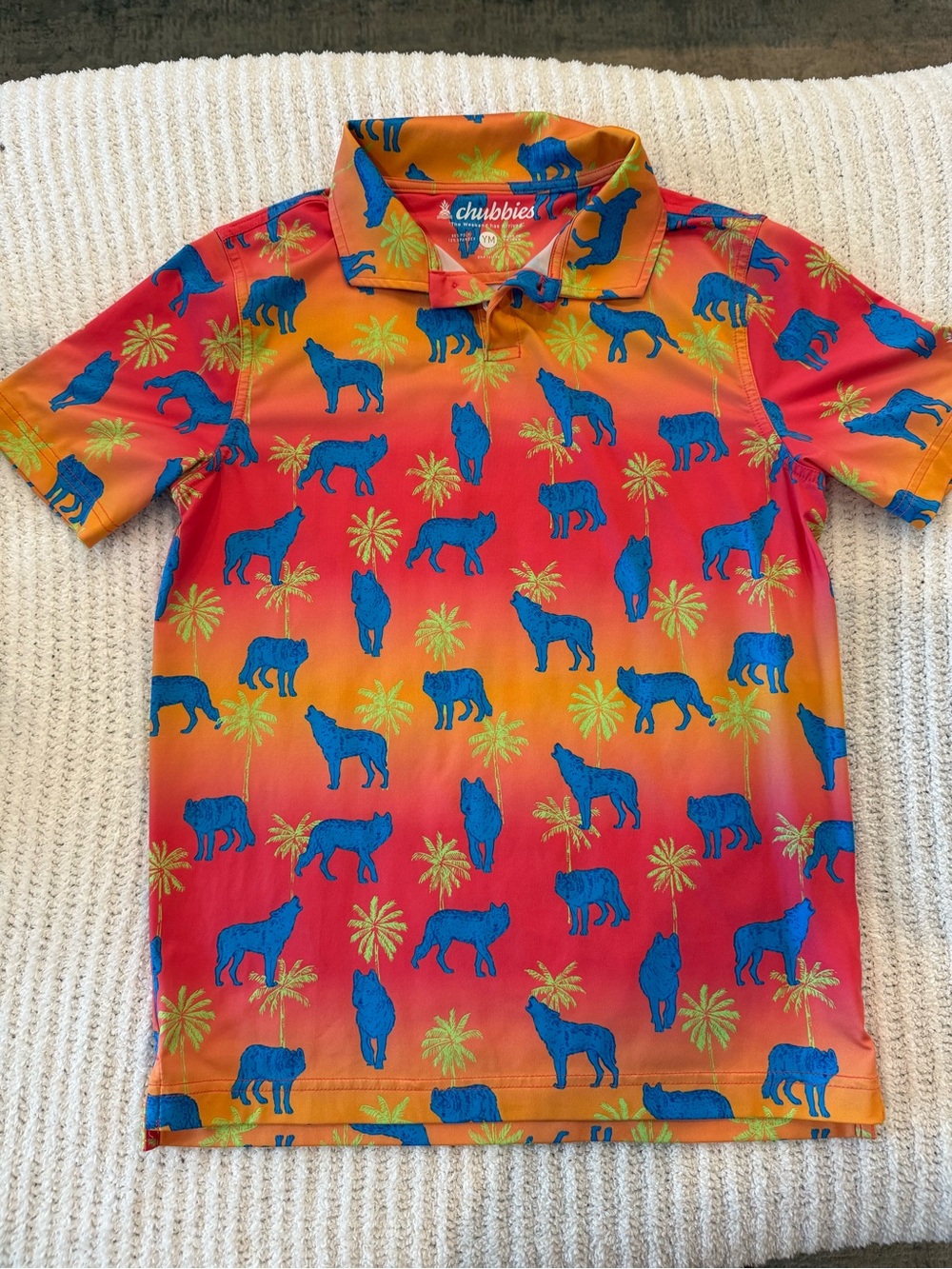 chubbies Orange & Red Polo with Blue Wolf Print